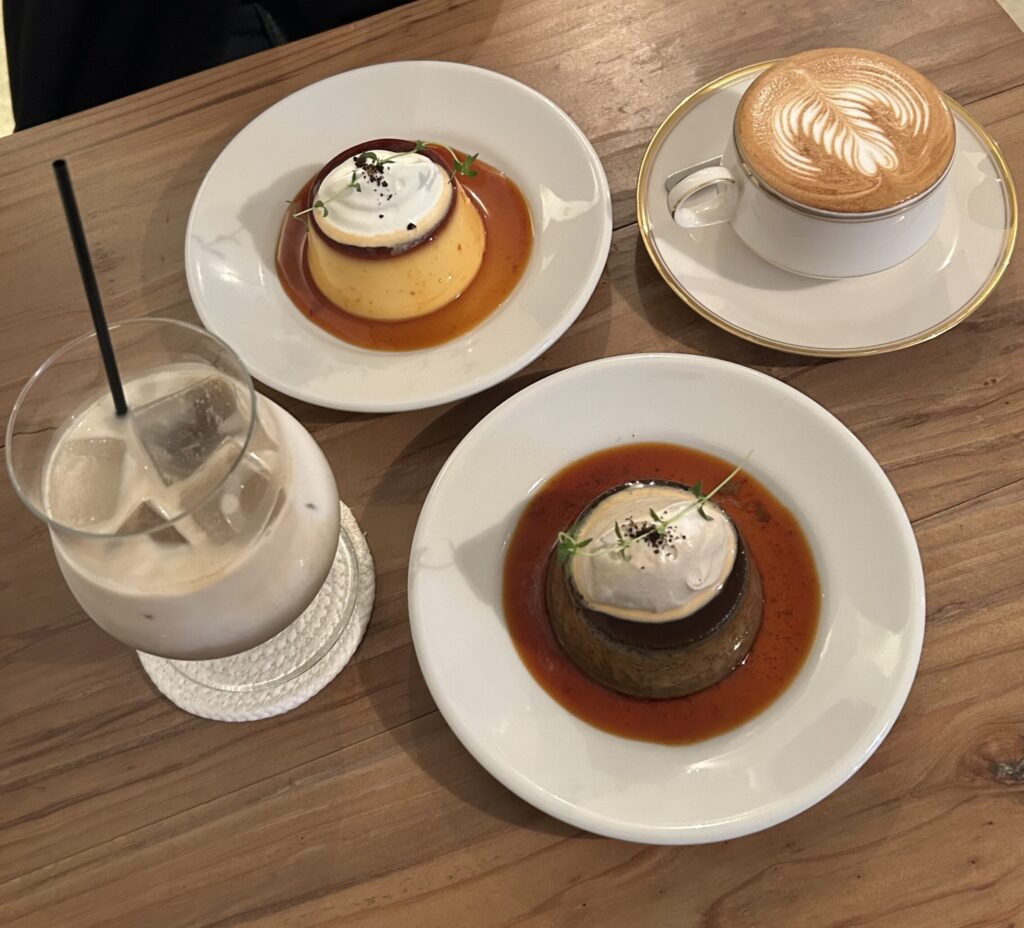 ほうじ茶ラテのアイス、カフェラテホット、プリン、ほうじ茶プリン